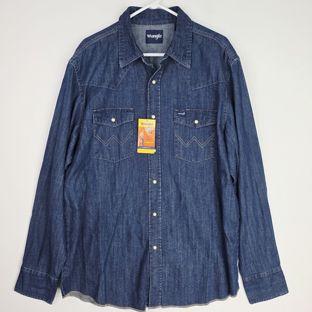 Wrangler Men's XL Cowboy Cut Long Sleeve Western Snap Solid Denim Work Shirt NWT